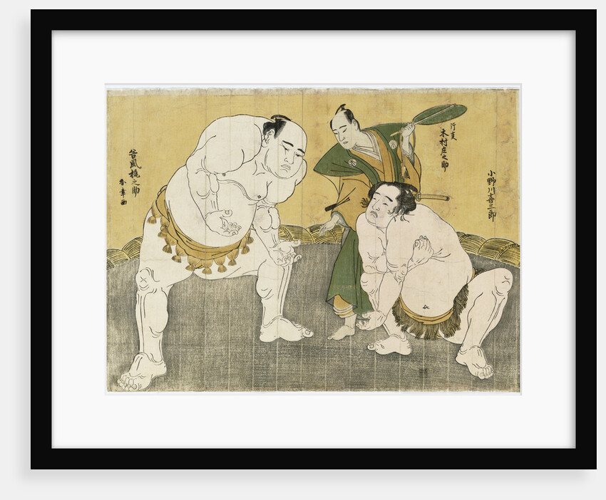 Onogawa Kisaburo and Tanikaze Kajinosuke performing the shikiri in the dohyo, the referee Kimura Shonosuke behind them by Katsukawa Shunsho