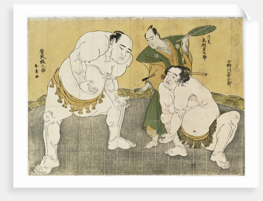 Onogawa Kisaburo and Tanikaze Kajinosuke performing the shikiri in the dohyo, the referee Kimura Shonosuke behind them by Katsukawa Shunsho