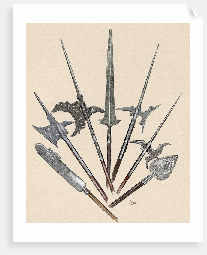 Weapons. Halberds and spearhead. Colored engraving by Anonymous