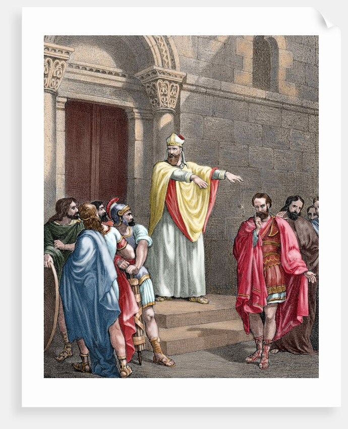Saint Ambrose (c. 340-397) excommunicating the Roman Emperor Theodosius I. Colored engraving by Anonymous