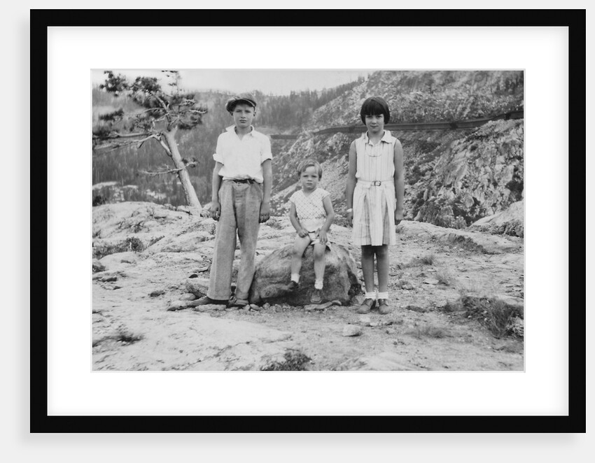 Three siblings pose at Donner Pass on vacation, ca. 1938 by Anonymous