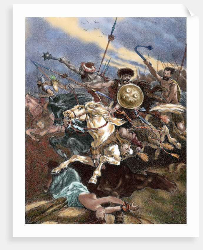 Invasion of the Iberian Peninsula by the Visigoths. Sixth century. Colored engraving. by Anonymous