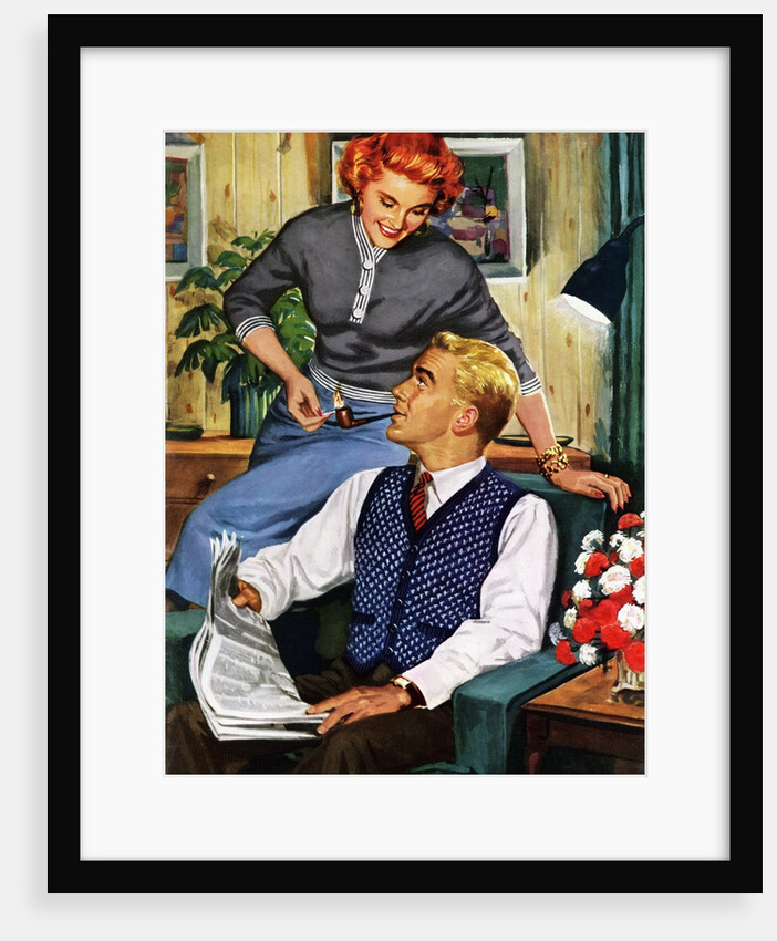 Housewife Lighting Her Husbands' Pipe by Anonymous