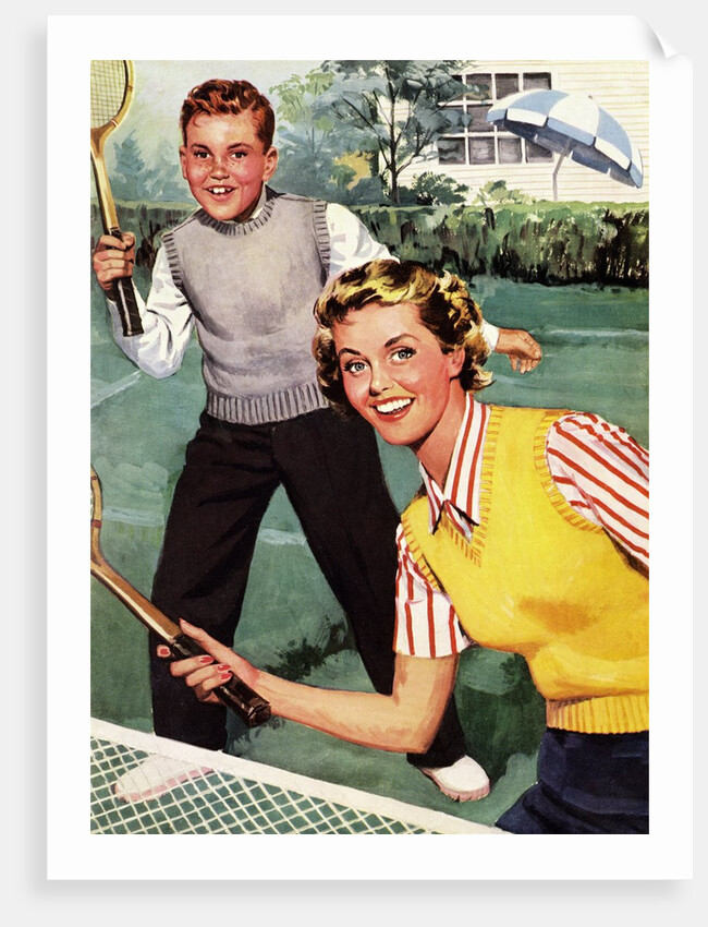 Sister and Brother Playing Tennis by Anonymous