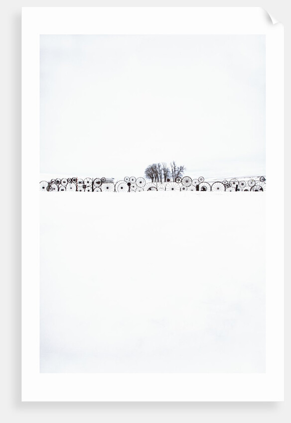 Fence made of old iron wheels on snow by Anonymous