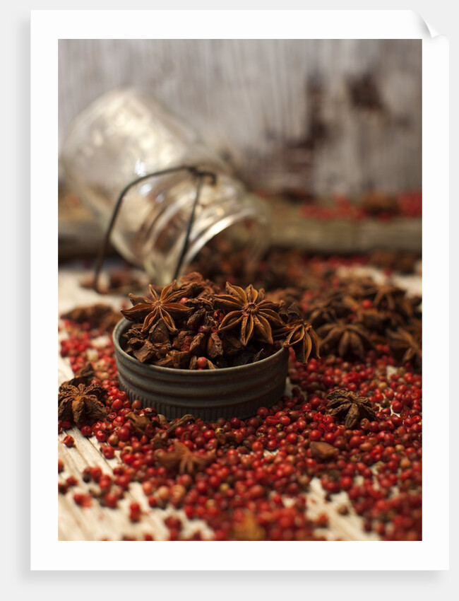 Star anise and red pepper corns around a rustic mason jar by Anonymous