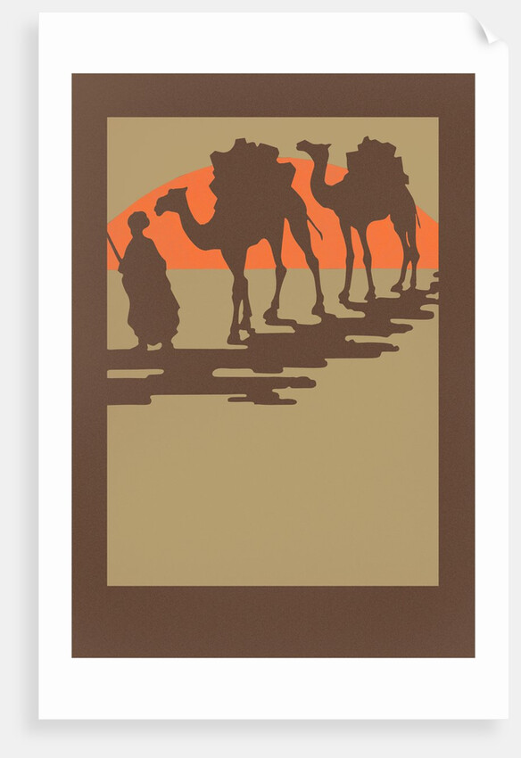 Woodcut of camels and nomad by Anonymous