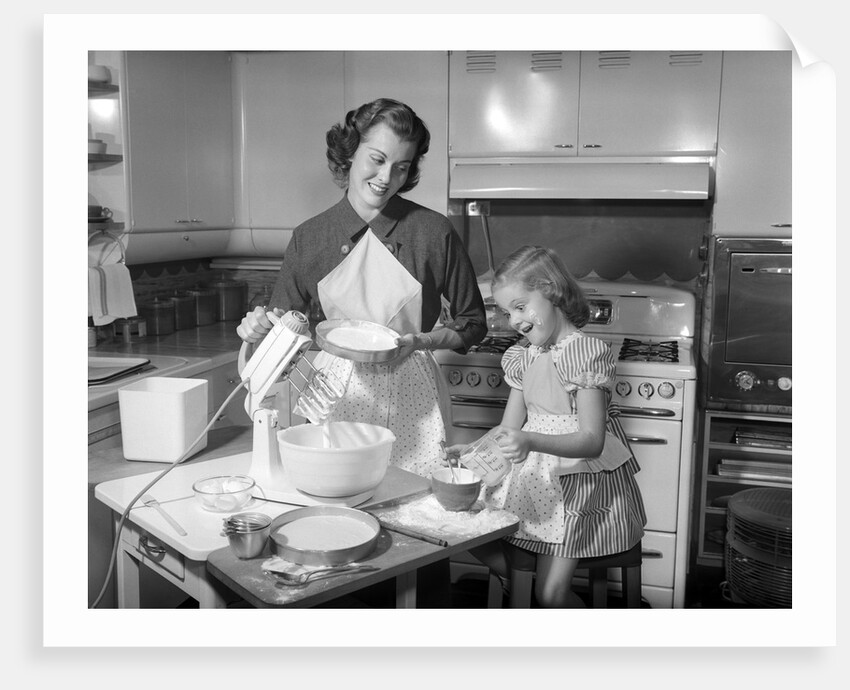 1950s mother and daughter baking a cake by Anonymous