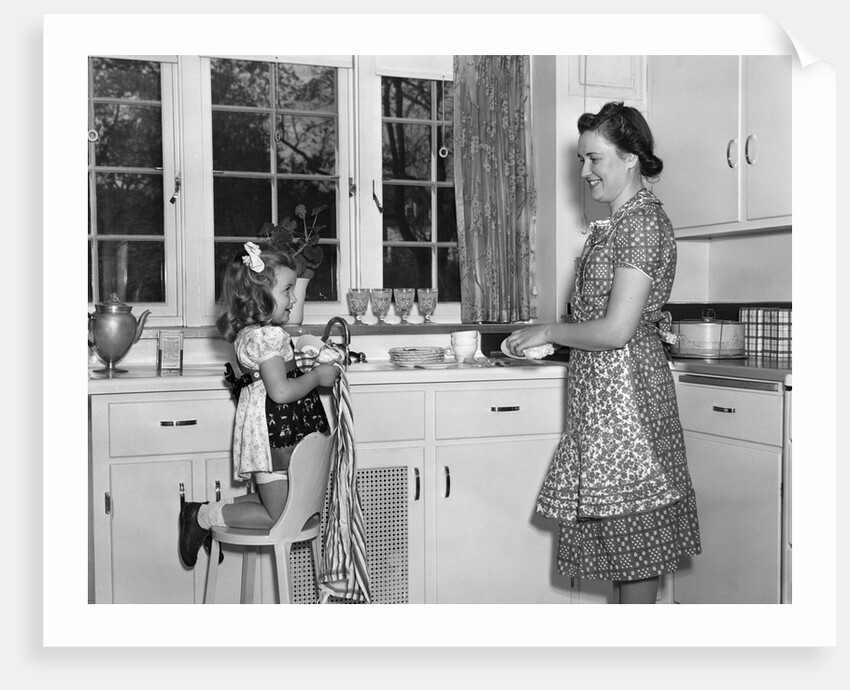 1930s 1940s mother and daughter washing dishes by Anonymous