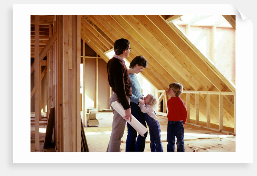 1980s family of four inspecting new home under construction by Anonymous