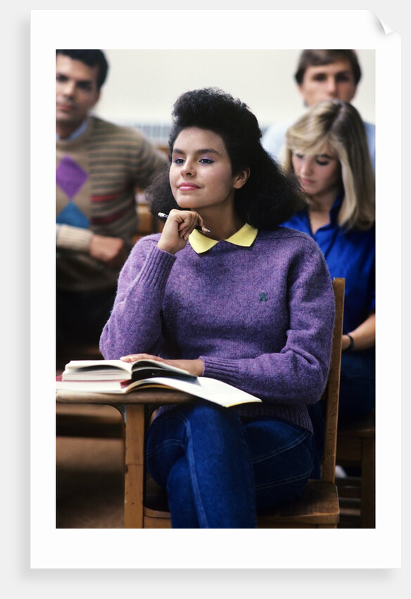 1980s college classroom students sitting at desks by Anonymous