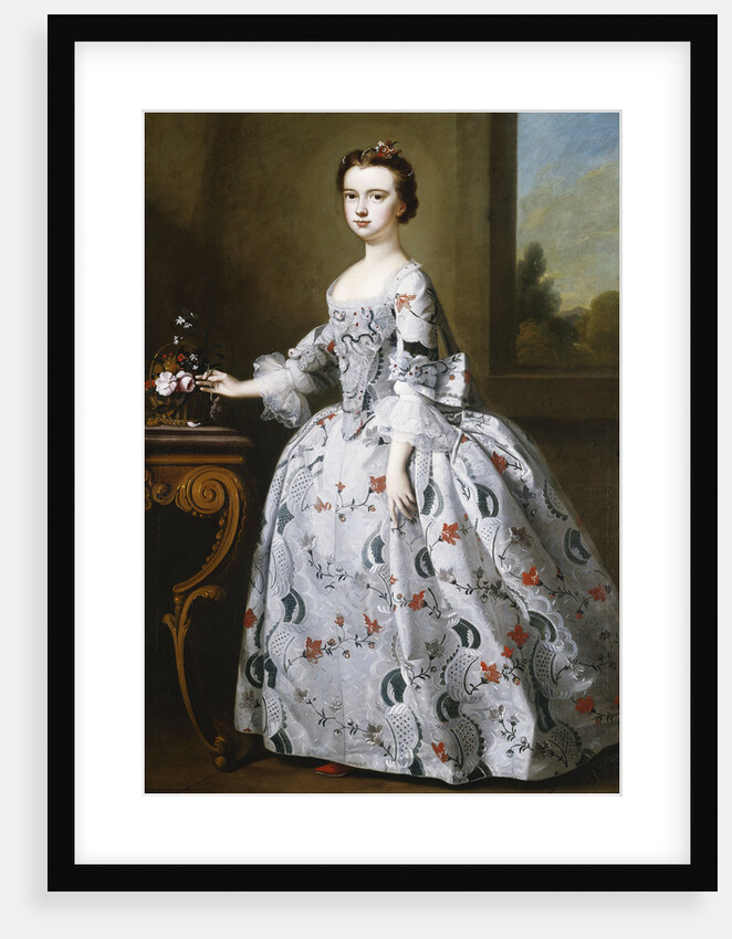 Portrait of a Girl, full-length, in a Grey Satin Dress with Elaborate Floral Embroidery, Beside a Basket of Flowers on a Table, a Wooded Landscape Beyond by Bartholomew Dandridge