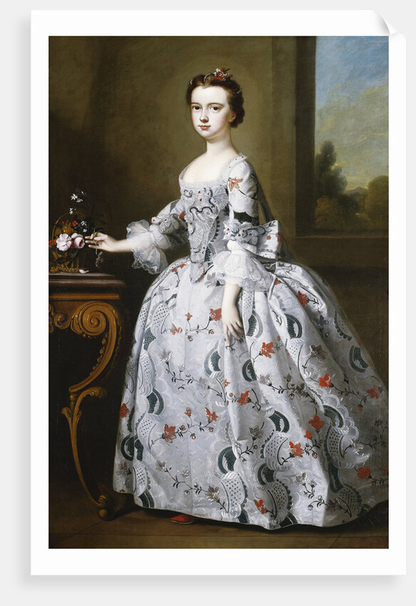 Portrait of a Girl, full-length, in a Grey Satin Dress with Elaborate Floral Embroidery, Beside a Basket of Flowers on a Table, a Wooded Landscape Beyond by Bartholomew Dandridge