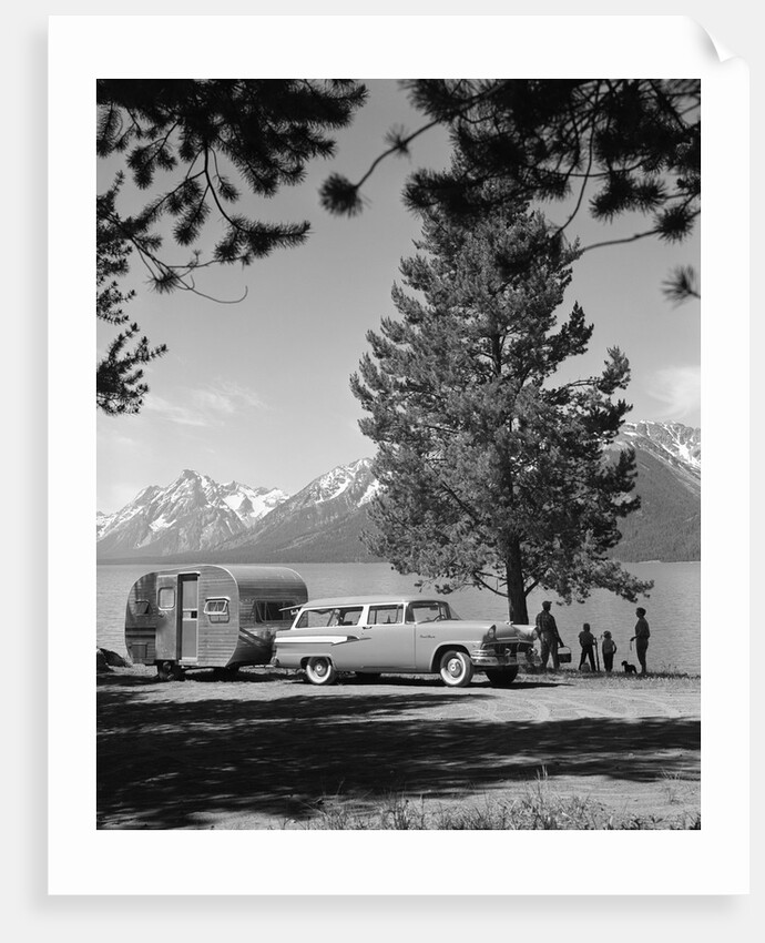 1950s family station wagon and camper at Jackson Lake, Wyoming by Anonymous