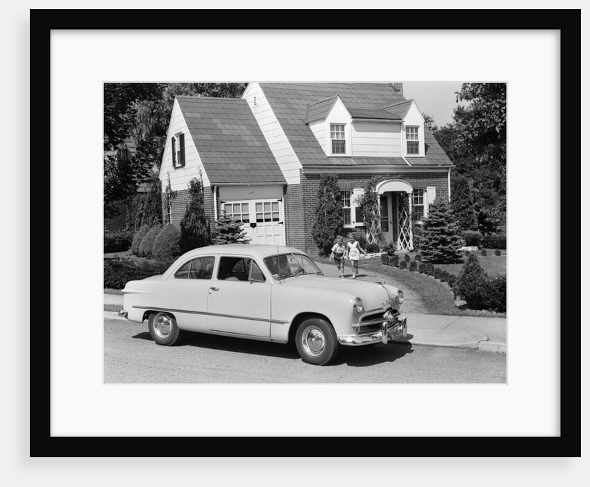 1950s children running towards father sitting in a car by Anonymous