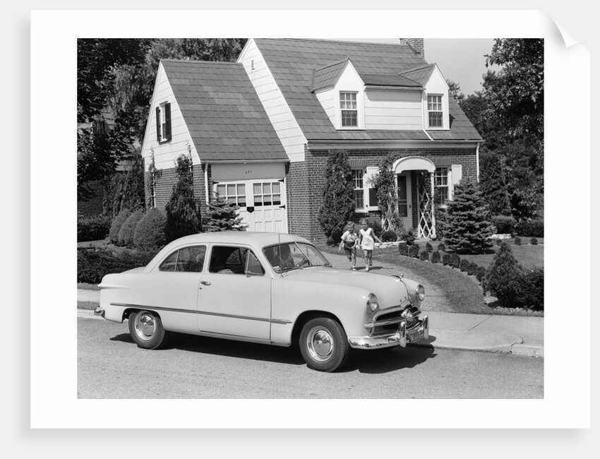 1950s children running towards father sitting in a car by Anonymous