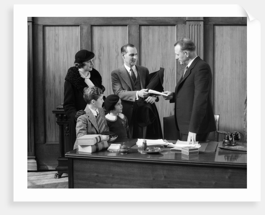 1930s family talking with an attorney or banker by Anonymous