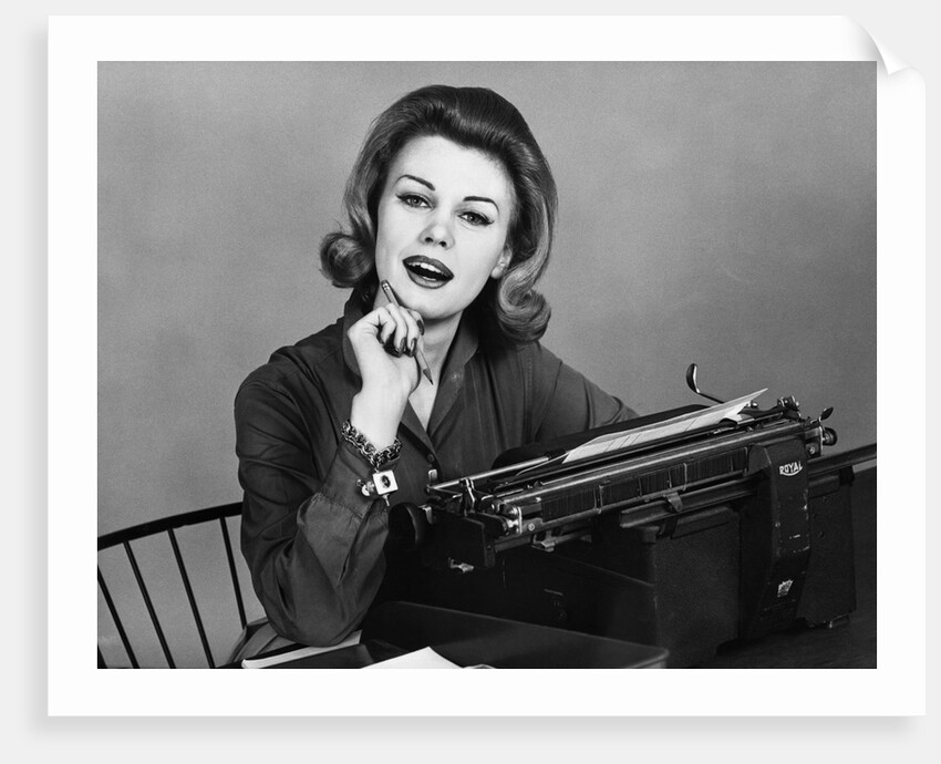 1960s smiling secretary with a typewriter by Anonymous