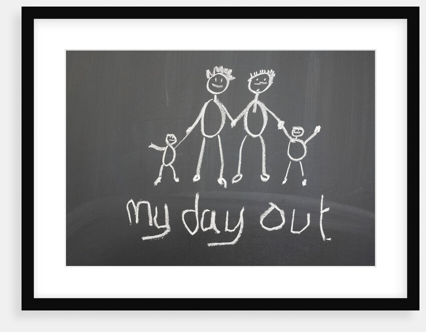 Blackboard with a child's drawing of a happy family day out by Anonymous