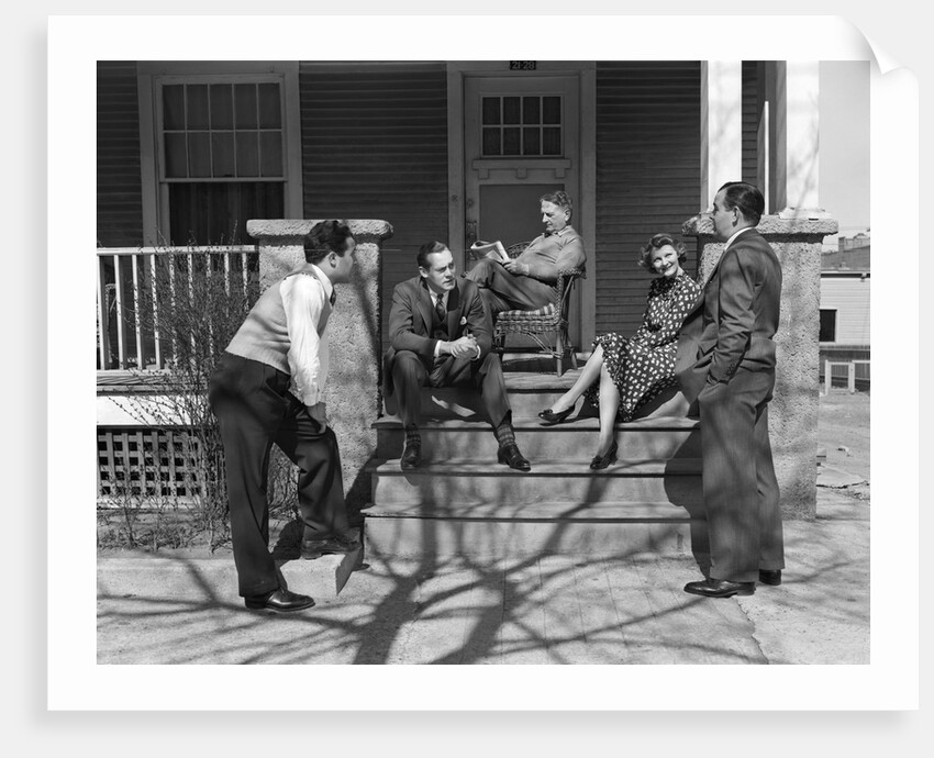 1930s three men courting a woman on a front porch by Anonymous