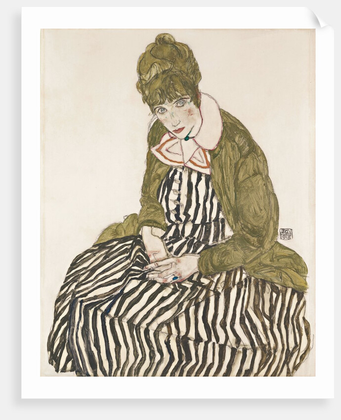 Edith with Striped Dress, Sitting by Egon Schiele