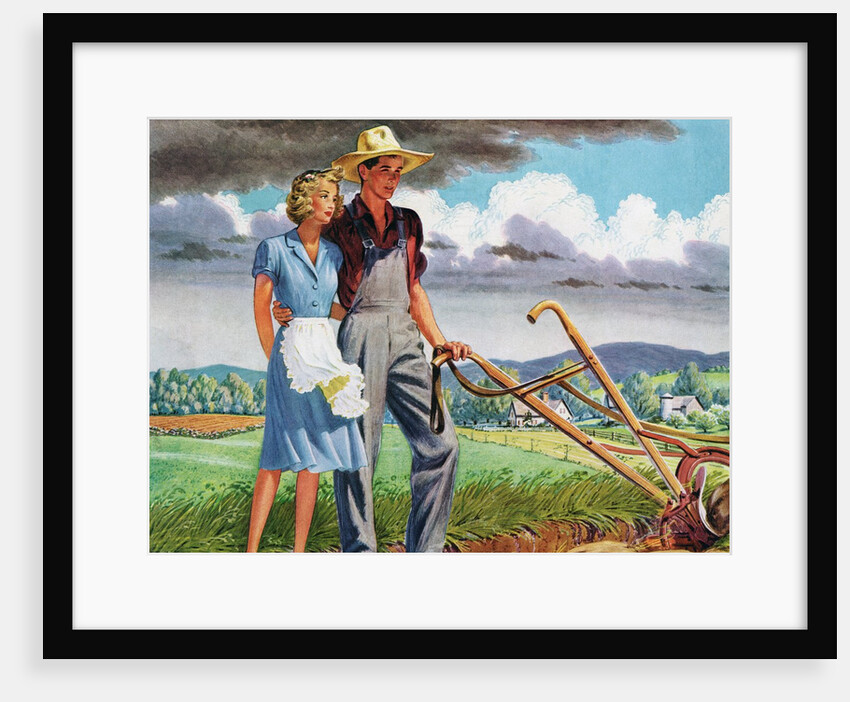 American Couple Standing with a Plow on their Rural Farm. by Anonymous