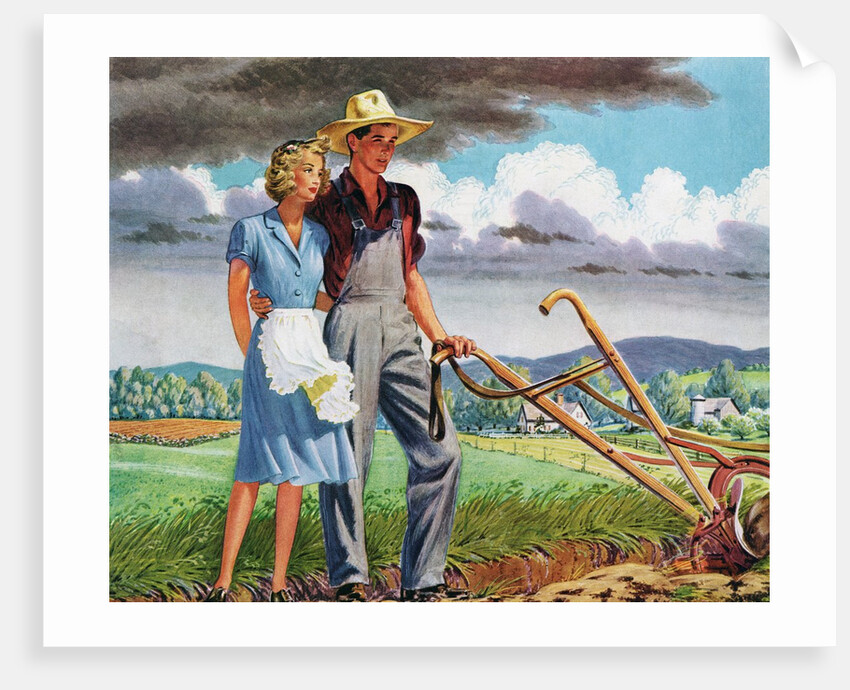 American Couple Standing with a Plow on their Rural Farm. by Anonymous