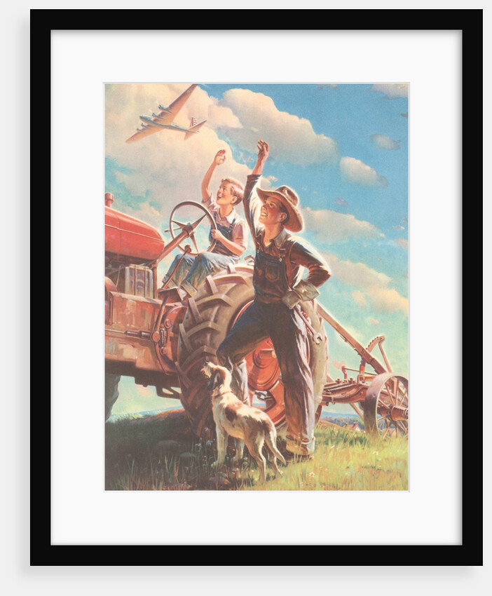 Farmer and Son Waving to Airplane by Anonymous