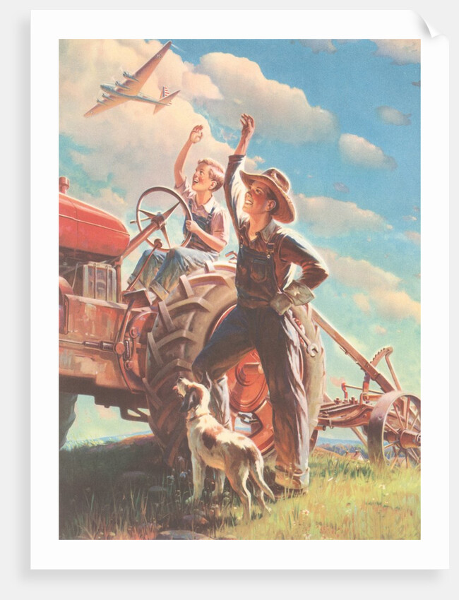 Farmer and Son Waving to Airplane by Anonymous