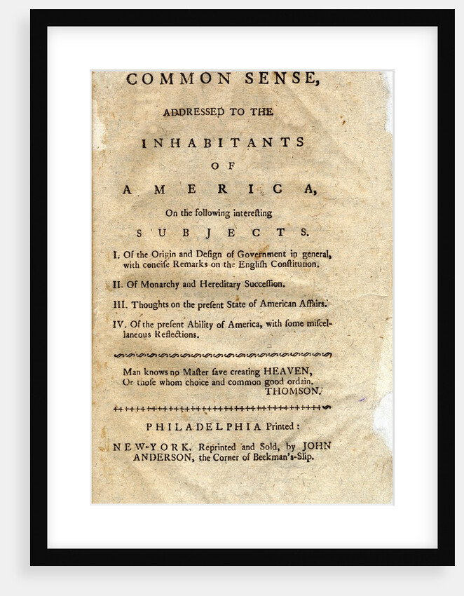 Title page from Thomas Payne's Common Sense pamphlet by Anonymous