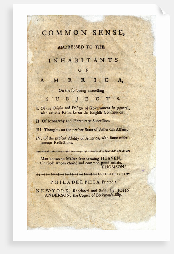 Title page from Thomas Payne's Common Sense pamphlet by Anonymous