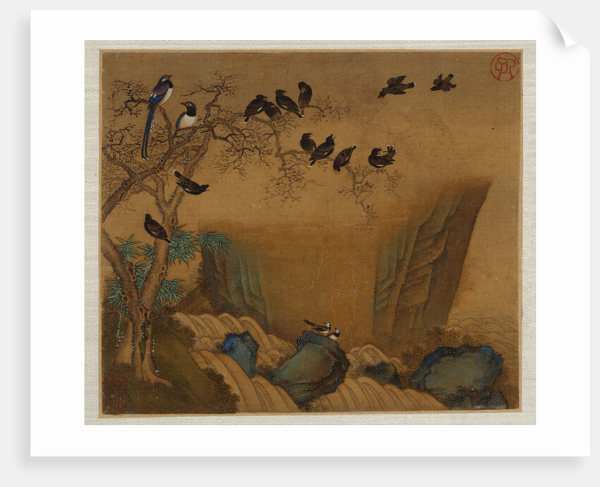 Mynah birds gathering in a tree by a stream from an album of bird paintings by Gao Qipei