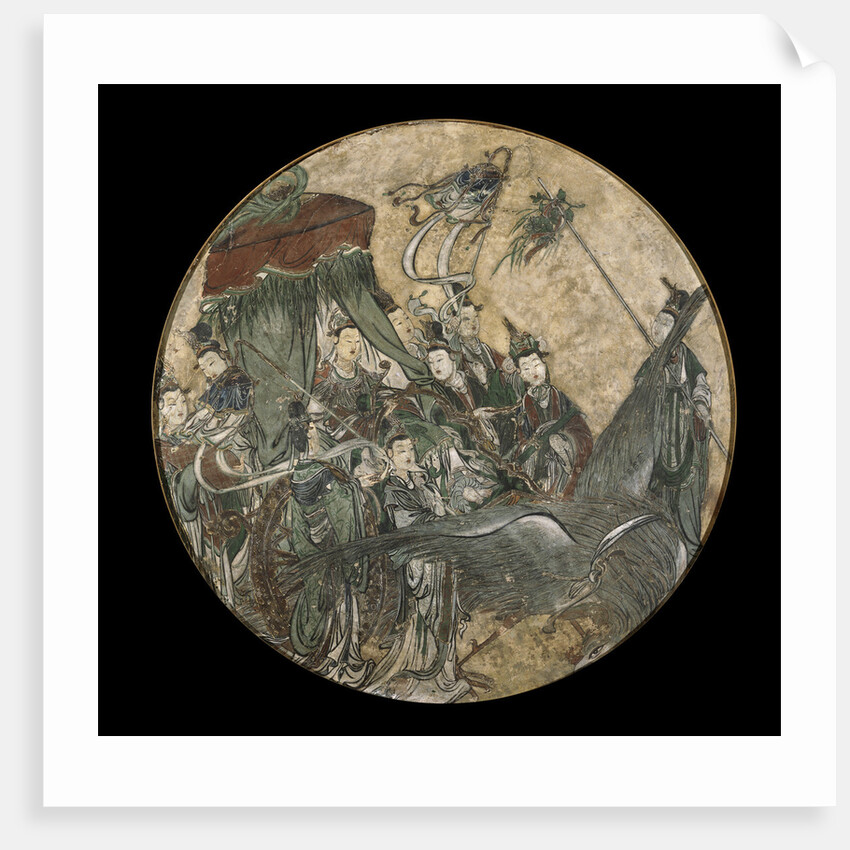 A Polychrome Fresco Depicting a Female Dignitary holding a Ruyi Scepter while Seated in a Phoenix Drawn Chariot by Anonymous