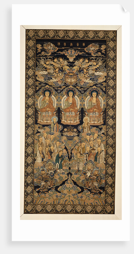 A rare silk brocade hanging of the Buddhist paradise, Lampas, with the Buddha in three mudras, representing the Past, Present and Future above Eighteen Luohans by Anonymous