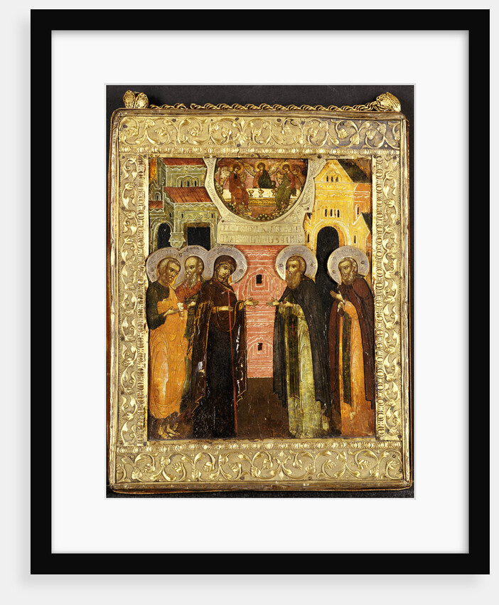 The Appearance of the Holy Mother of God to Saints Sergei and Nikon, Depicted full length, in Front of an Architectural Facade, with the Old Testament Trinity Above by Anonymous