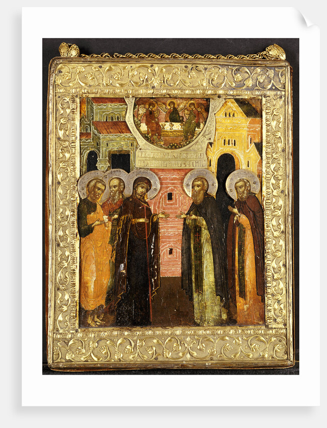 The Appearance of the Holy Mother of God to Saints Sergei and Nikon, Depicted full length, in Front of an Architectural Facade, with the Old Testament Trinity Above by Anonymous