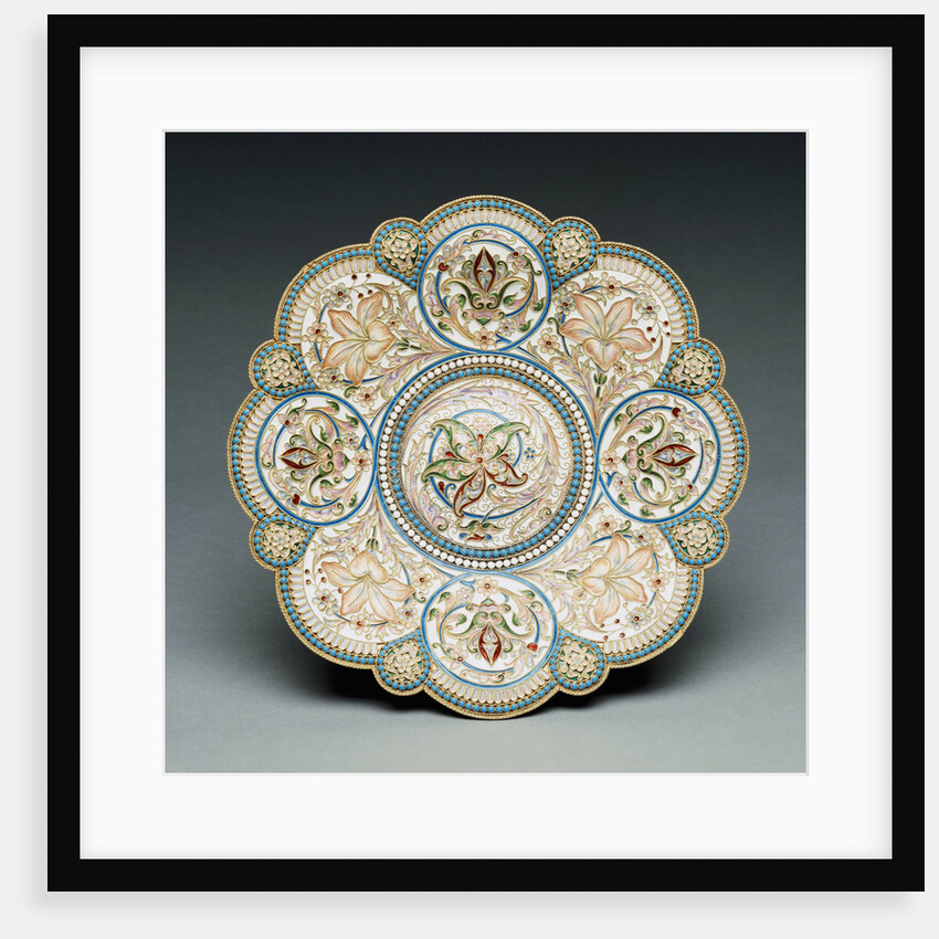 An overhead view of a shaded enamel silver-gilt tazza, the base bearing an engraved Faberge mark by Anonymous