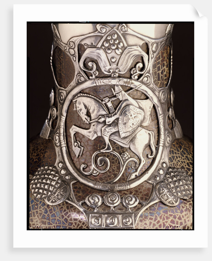 Detail from a Faberge Russian Pan-Slavic style silver-mounted art pottery vase depicting a mounted knight in armour by Anonymous
