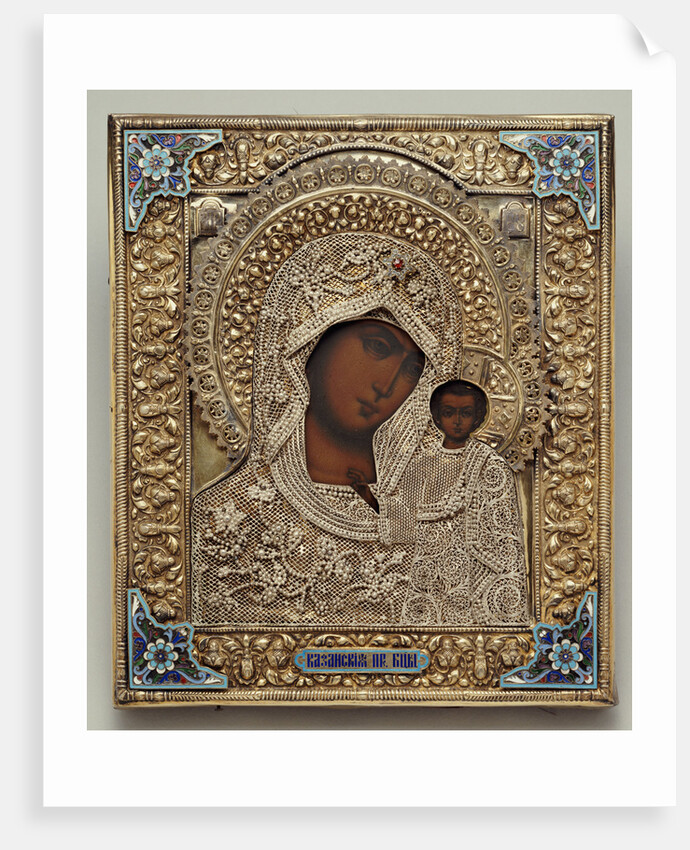 An enamel and silver-gilt icon of the Virgin Kazanskaya, the oklad marked Moscow by Anonymous