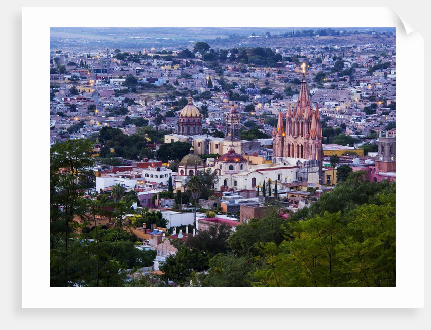 Evening City View from above City with Parroquia Archangel Church San Miguel de Allende by Anonymous