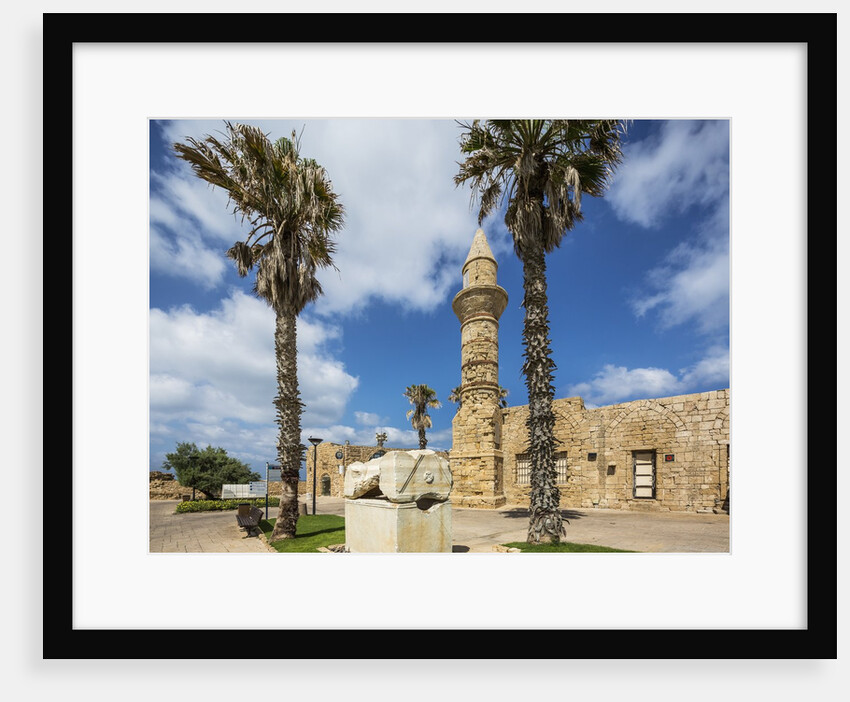 Caesarea Harbor National Park, Crusader City, a roman sarcophagus adorned with rosettes and the minaret of Bosnian Mosque by Anonymous