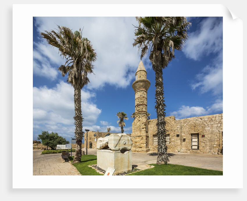 Caesarea Harbor National Park, Crusader City, a roman sarcophagus adorned with rosettes and the minaret of Bosnian Mosque by Anonymous