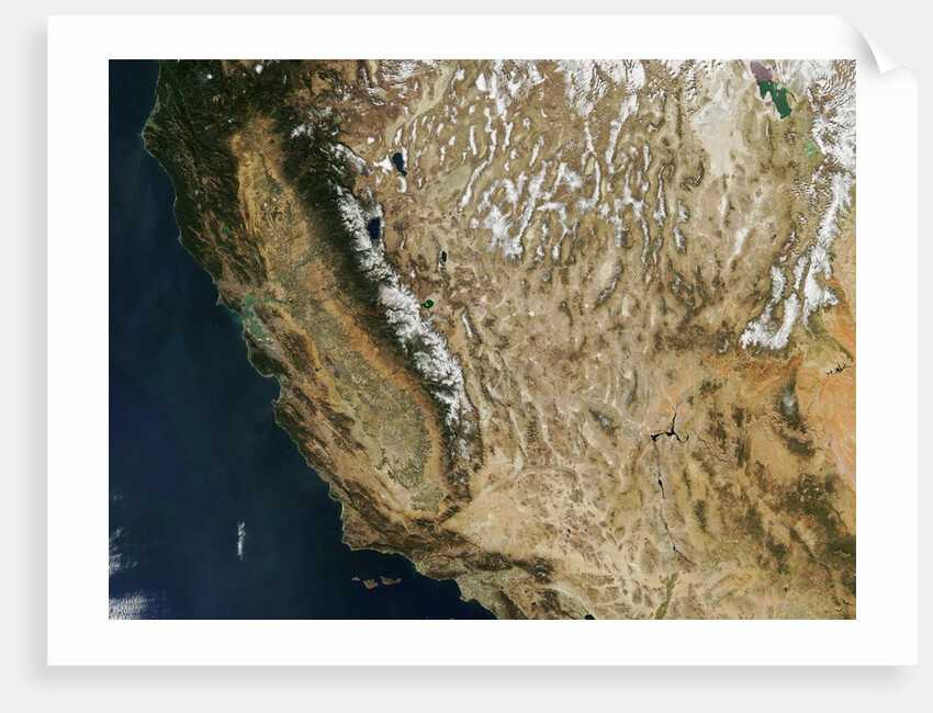 Satellite view of California and Nevada showing early season snow in the Sierra Nevada Mountains by Anonymous