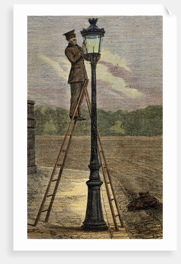 Lamplighter cleaning an old lamppost. by Anonymous