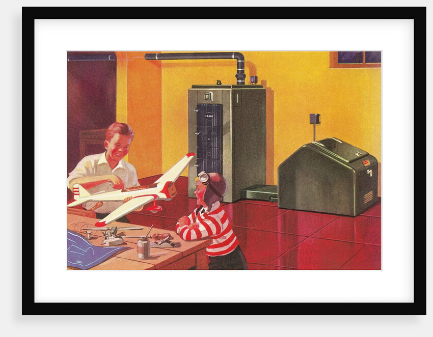 Boys in Basement with Model Airplane by Anonymous