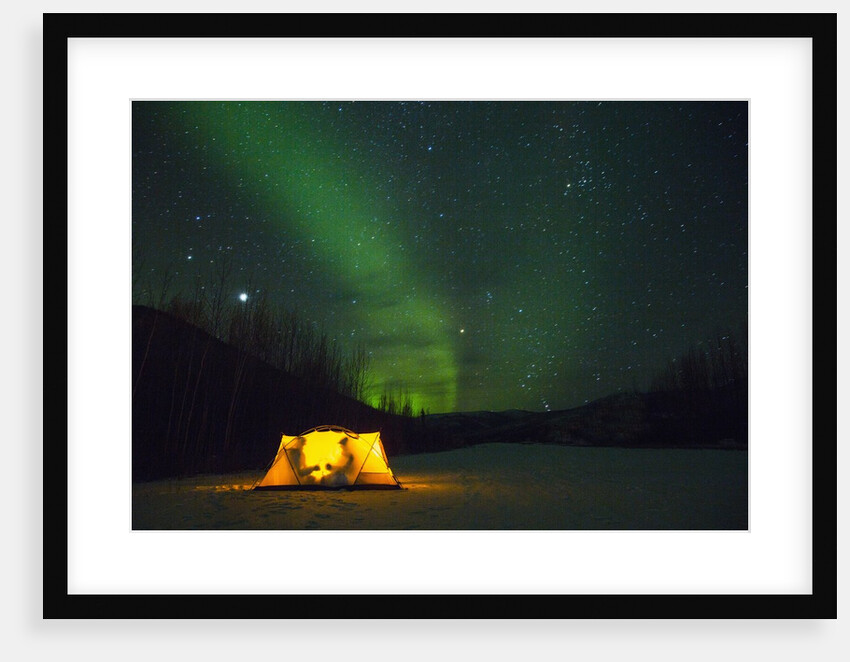 Two campers drinking a bottle of wine in a tent under the northern lights by Anonymous