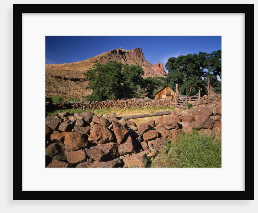 Stone corral fence and barn by Anonymous