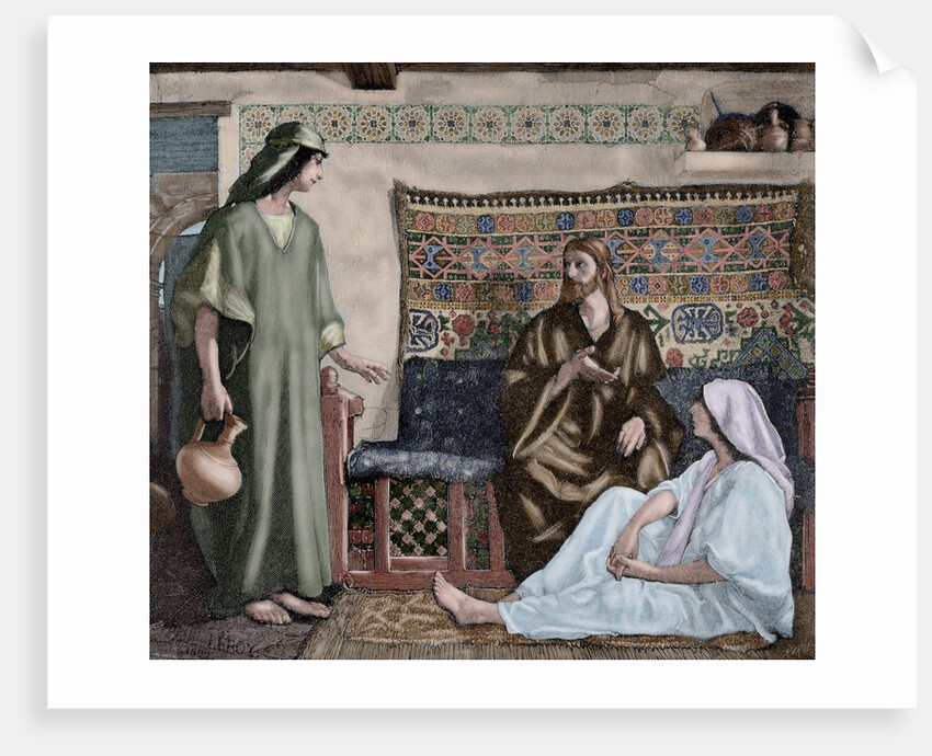 Jesus in the House of Martha and Mary. Engraving. Colored. by Anonymous