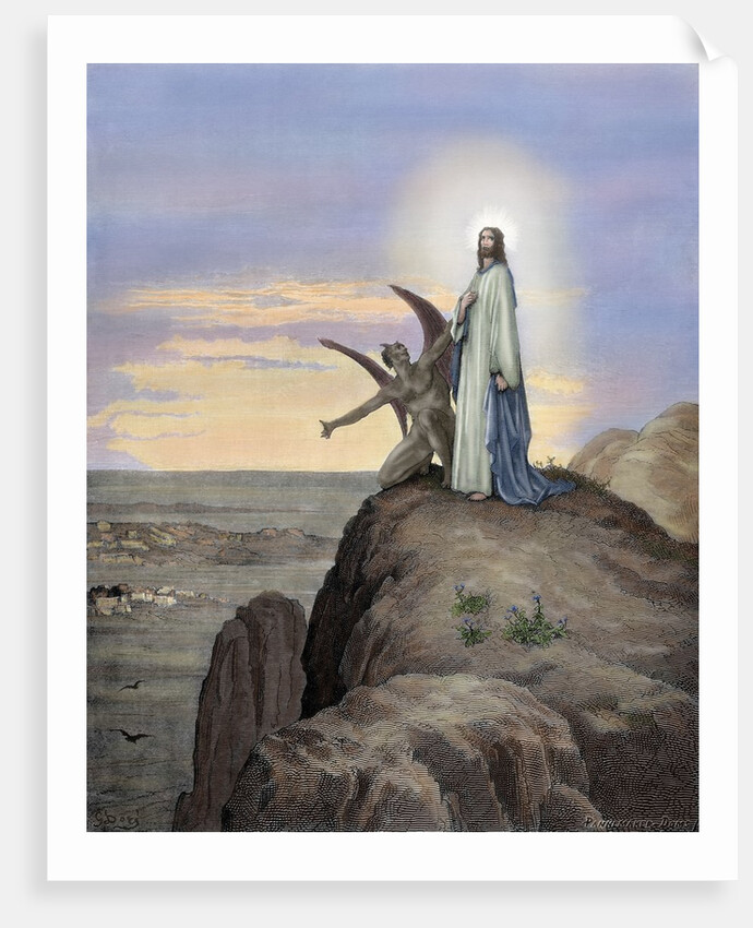 Jesus tempted by the Devil. Engraving. Colored. by Anonymous