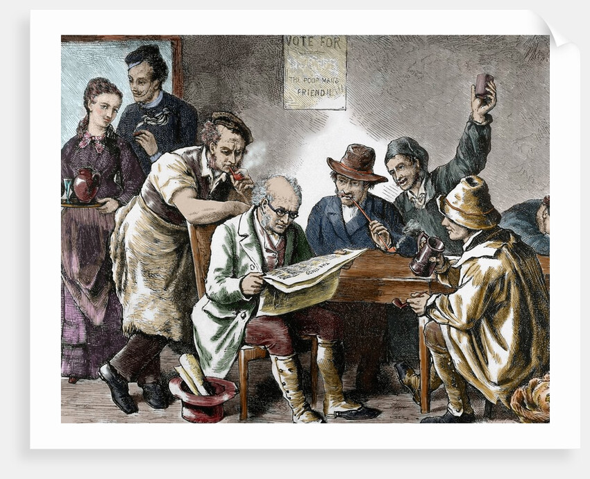 Reading the newspaper in the tavern. Colored engraving, 1876. by Anonymous
